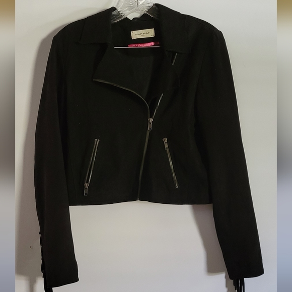 NAF NAF Paris Goat Suede Western Jacket Fringe Back & Sleeves Asymmetrical Zip - Picture 3 of 11